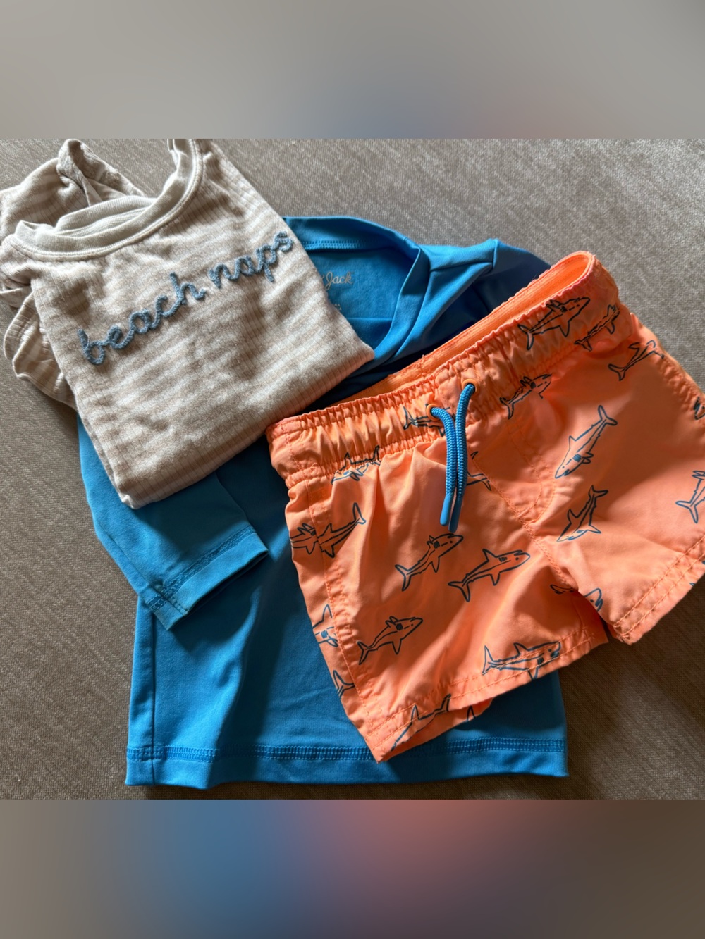 Cat & Jack Orange & Blue Shark Swim Trunks with Blue Rash Guard & a Onsie